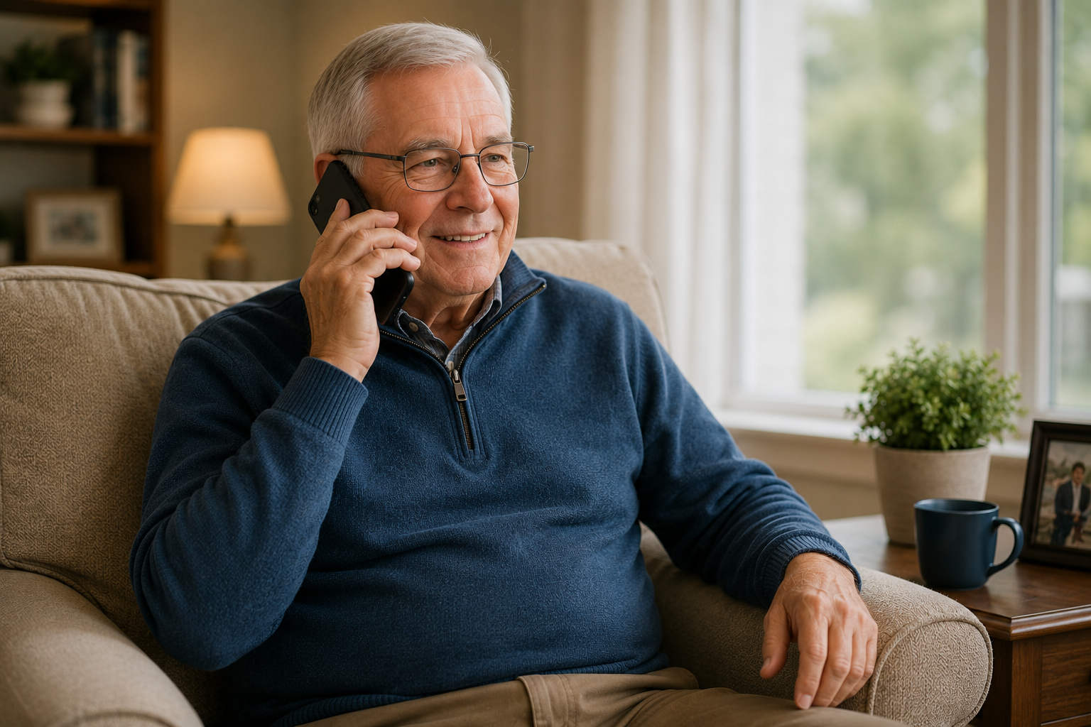 A senior man calmly talking on the phone at home.