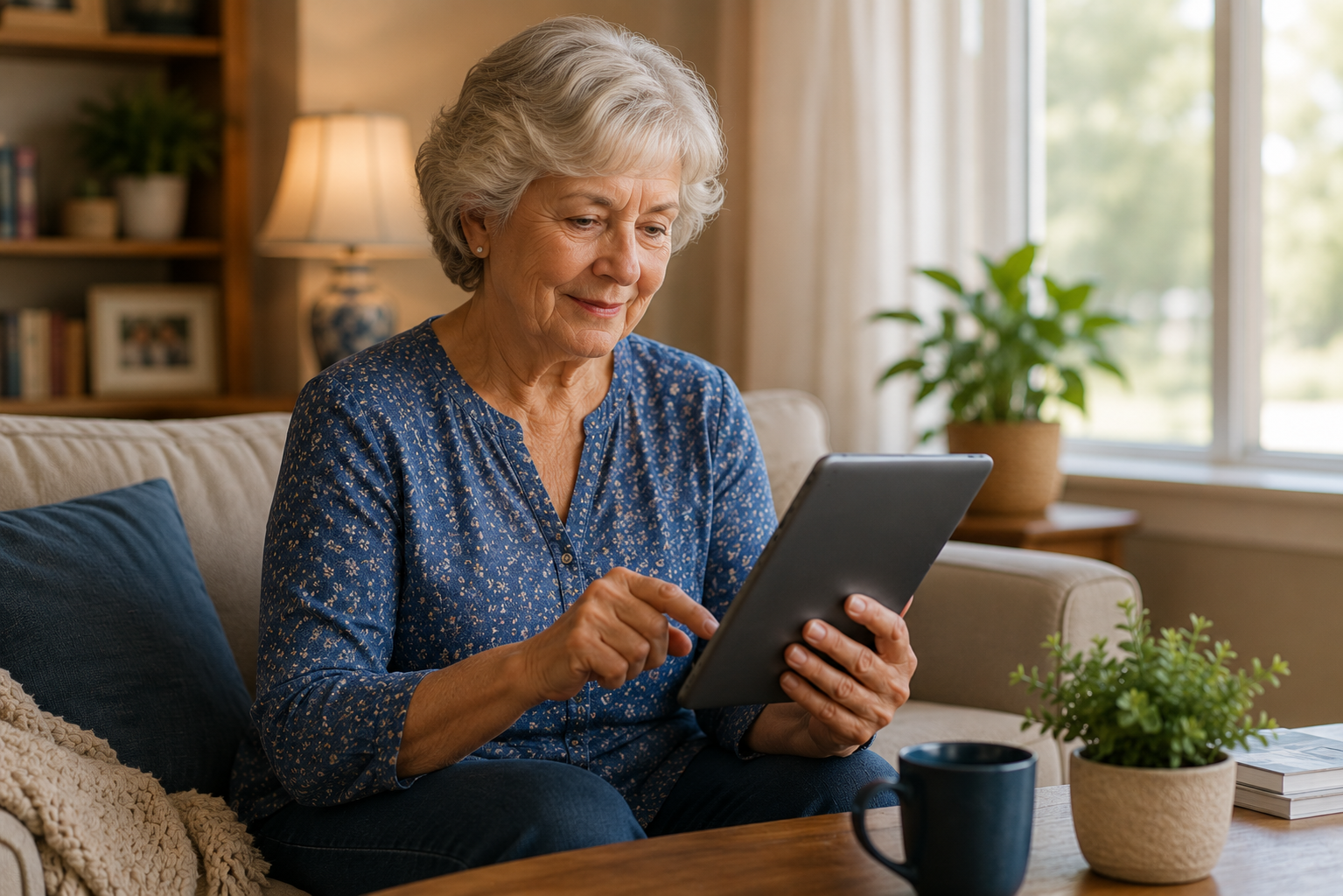 A senior woman calmly reading on a tablet at home.