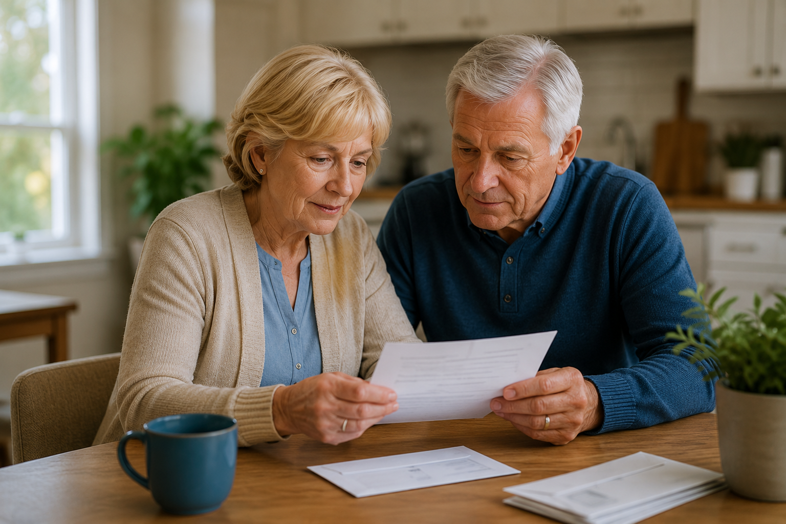 A couple reviewing a piece of mail together at their kitchen table.