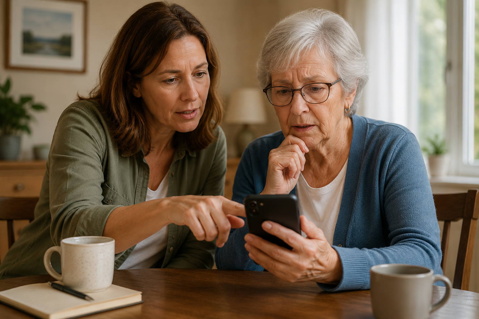 Adult daughter helping her mother review a suspicious message on a phone