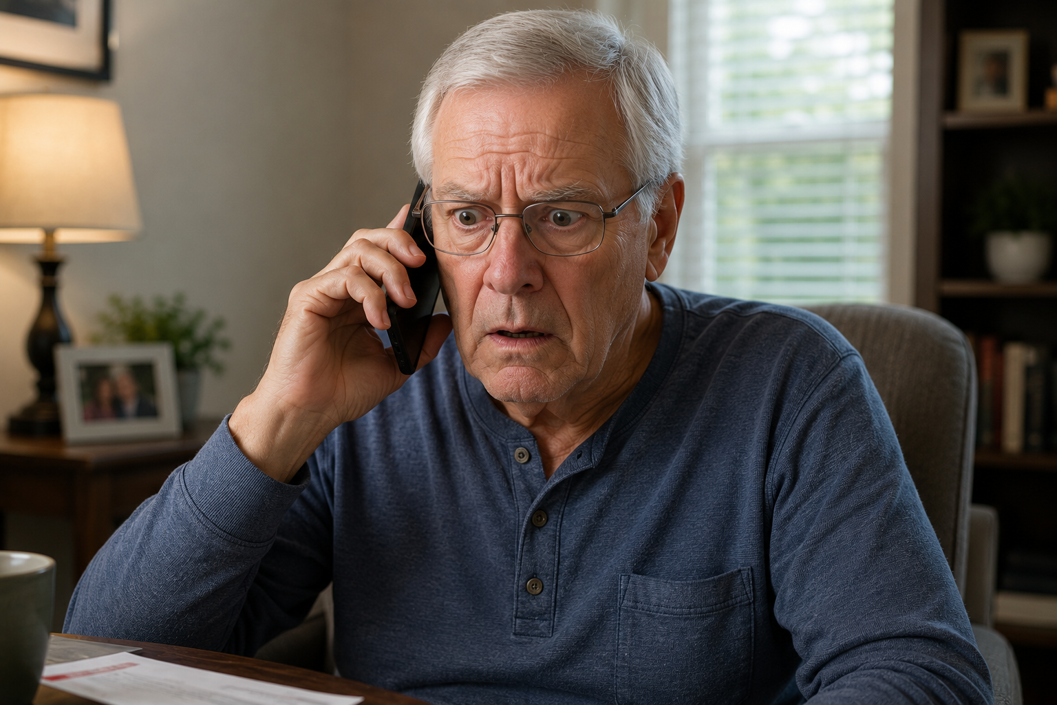 Older man thoughtfully listening to an unexpected phone call